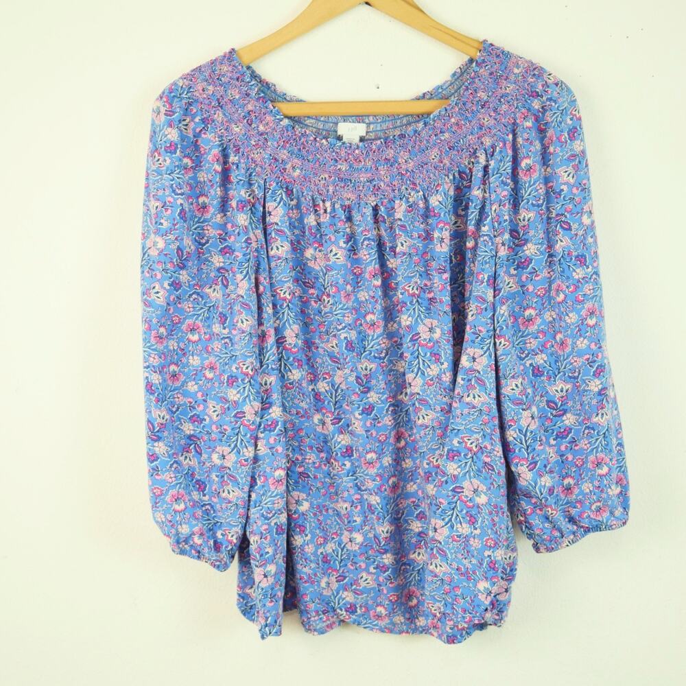 J Jill Petite XL Popover Top Blue Floral Smocked Peasant Boho Relaxed Spring